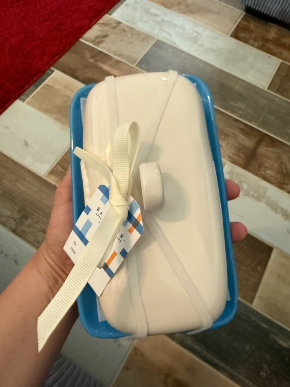 Rae Dunn Ceramic Butter Dish in White and Light Blue - Picture 6 of 8